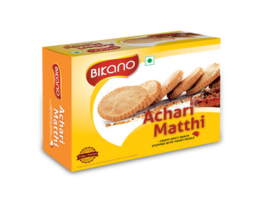 Bikano Achari Mathi – tangy and spicy Indian snack with pickle-inspired flavors, crispy and flaky, ideal for tea-time or festive treats

