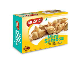 Bikano Mini Samosa – bite-sized, crispy Indian snack filled with spiced gram flour, perfect for tea-time or festive munching