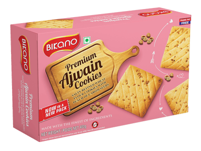 Bikano Premium Ajwain Cookies – savory and crispy cookies made with carom seeds, perfect for tea-time or light snacking