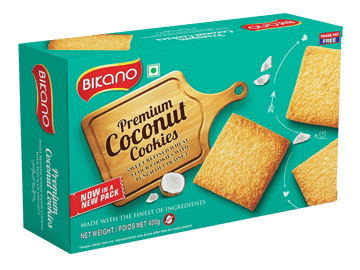 Bikano Premium Coconut Cookies – golden-baked cookies with real coconut flakes, crispy and perfect for tea-time or gifting