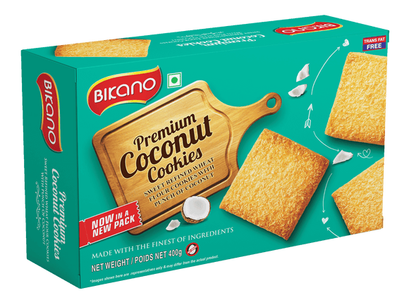 Bikano Premium Coconut Cookies – golden-baked cookies with real coconut flakes, crispy and perfect for tea-time or gifting