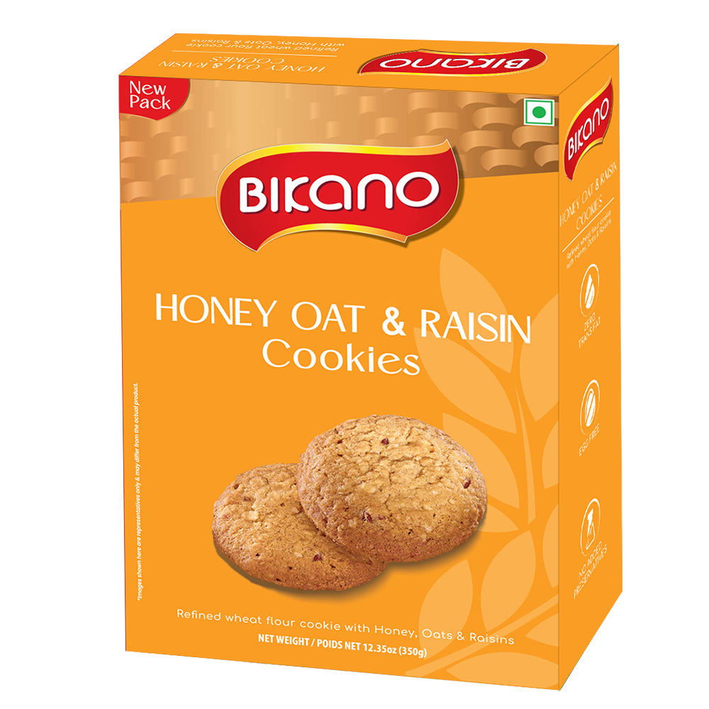 Bikano Honey Oat & Raisin Cookies – crunchy, wholesome cookies made with honey, oats, and raisins, perfect for tea-time or snacks