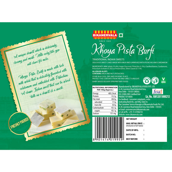 Khoya Pista Burfi (Desi Ghee) 400g - Bikanervala